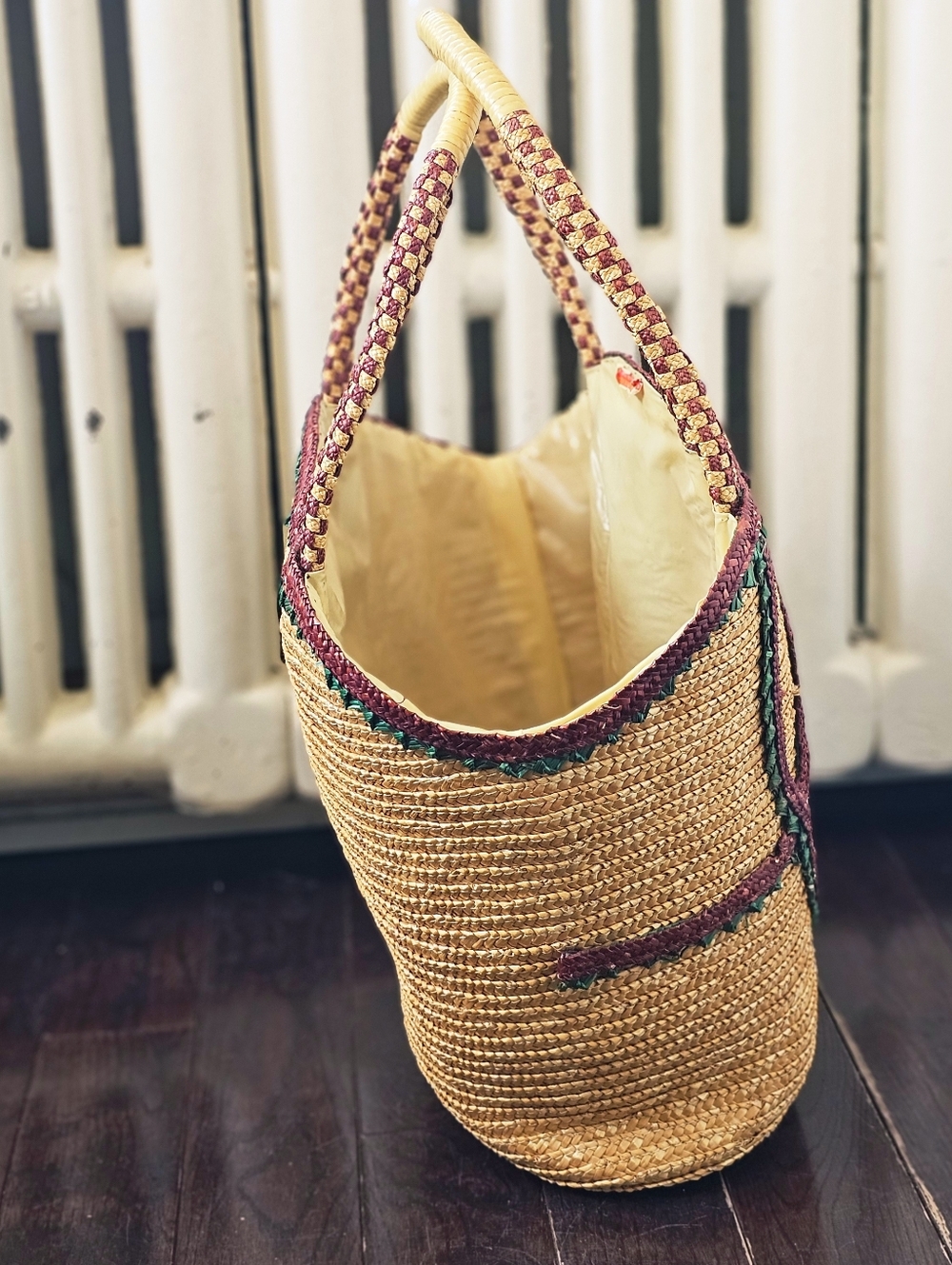 Vintage 1970s Embroidered Straw Tote Bag Beach Bag Bird & Willow Tree - Picture 6 of 14